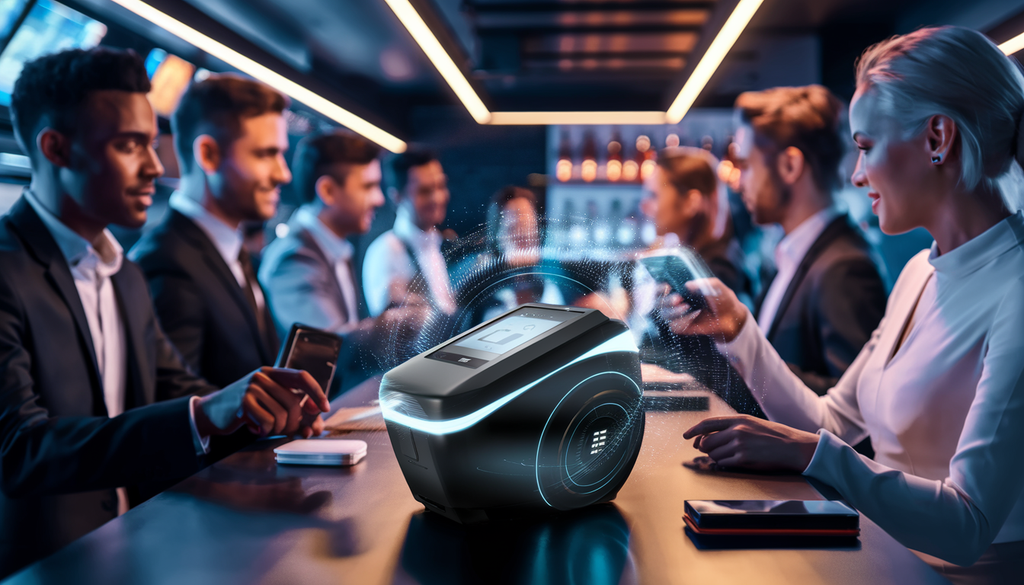 A futuristic portable ID scanner in use at a modern bar with diverse patrons interacting seamlessly, highlighted by ambient lighting.