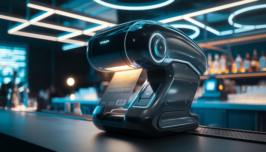 A futuristic ID scanner verifies a state-issued ID card in a modern bar setting.
