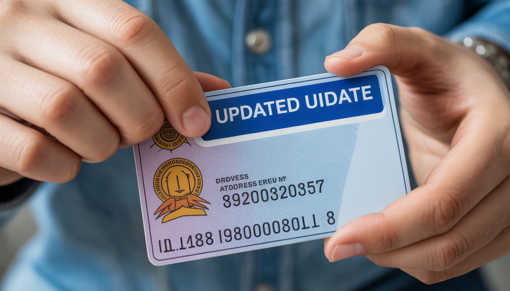 Close-up of hands applying an updated address sticker on a driver's license, symbolizing process completion.