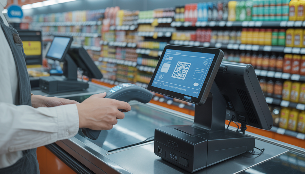 A code scanner in a convenience store scanning a QR code on a product, with a cashier and customer present.