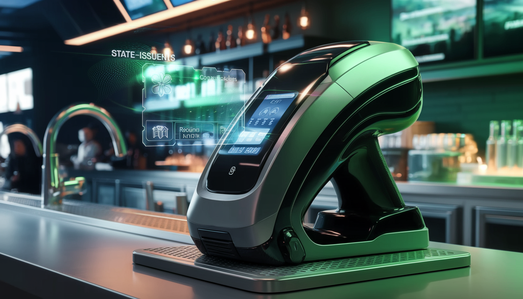 A futuristic ID scanner in a modern bar setting, scanning a state-issued ID card with a digital interface.
