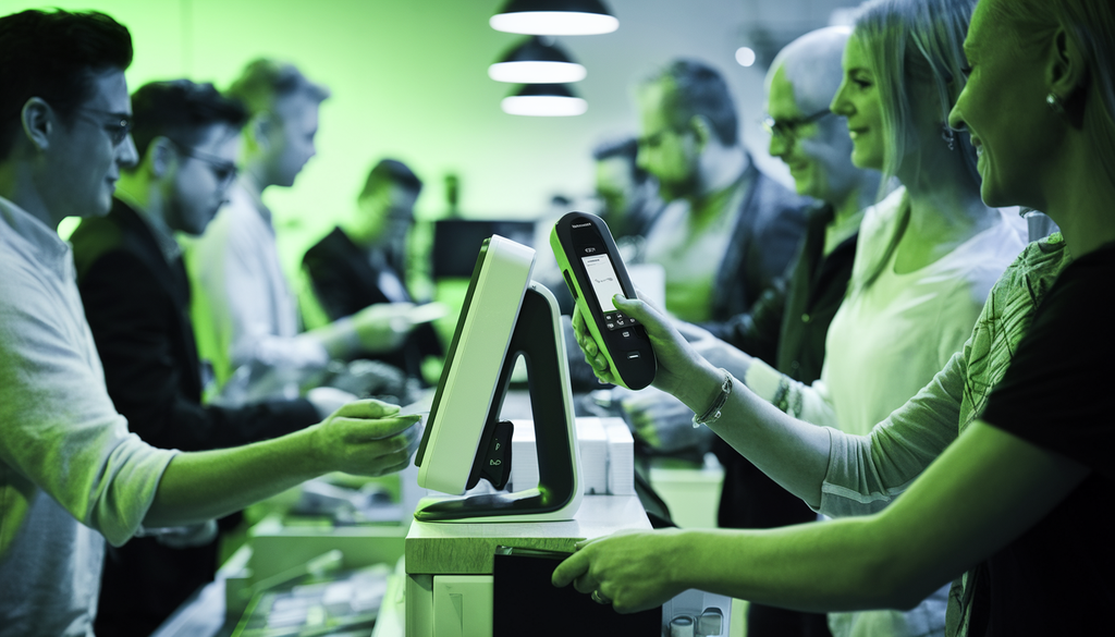 A modern ID scanner being used at a vibrant cannabis dispensary with diverse customers.