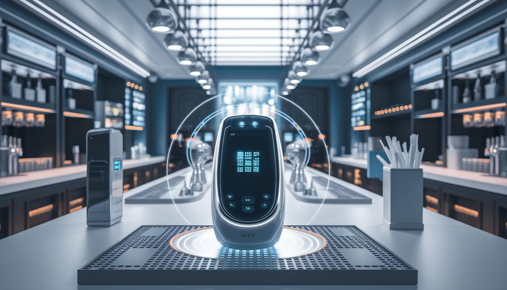 A modern bar environment featuring a high-tech ID scanner with a subtle glow, surrounded by elements of age-restricted venues like a bar counter, product shelves, and ambient lighting in blues and silvers.