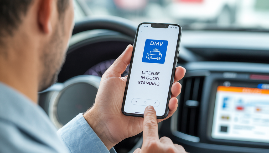 Image of a delivery driver checking their license status on a smartphone, showing a 'License in Good Standing' message.