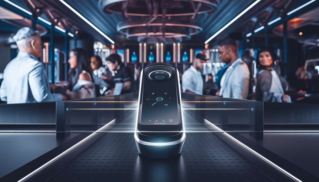 A futuristic ID scanner is in use at the entrance of a modern nightclub, with diverse patrons entering in a secure and welcoming atmosphere.