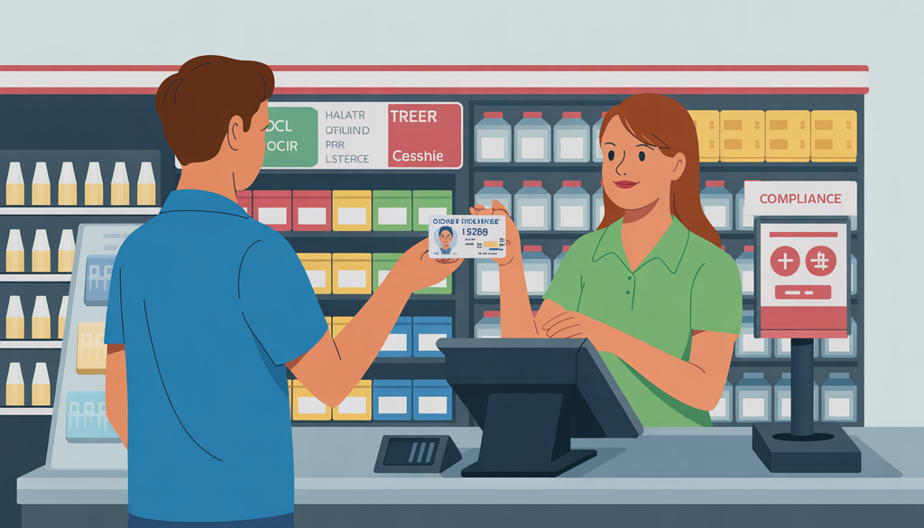 A customer presents a driver's license to a cashier in a convenience store, with compliance signage visible.