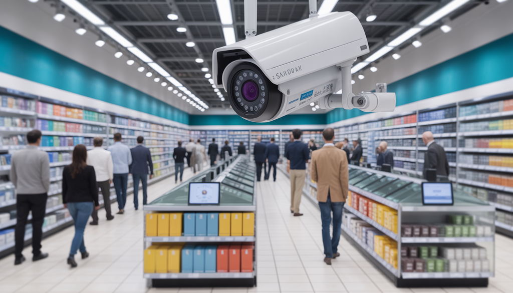 A retail store with surveillance cameras and monitors, highlighting a secure shopping environment with customers.