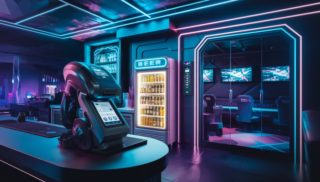 A modern bar counter with an advanced ID scanner, glowing beer cooler, and secure gaming room entrance in a nightclub setting.