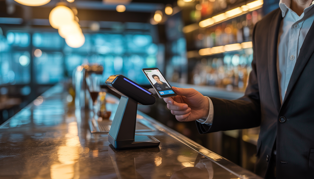 A bartender in a modern bar scans a digital ID with a high-tech device, illustrating efficient age verification.