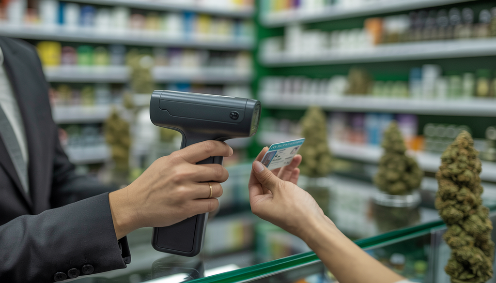 A staff member in a cannabis dispensary verifying a customer's age with a portable ID scanner.