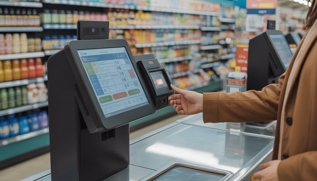 A self-check out kiosk in a convenience store with a customer using it, surrounded by stocked shelves.