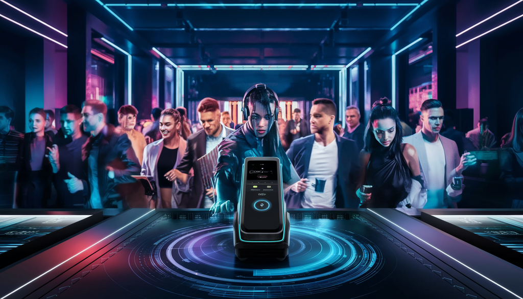 A diverse group of people enters a modern nightclub, interacting with a sleek, futuristic ID scanner under vibrant neon lights.