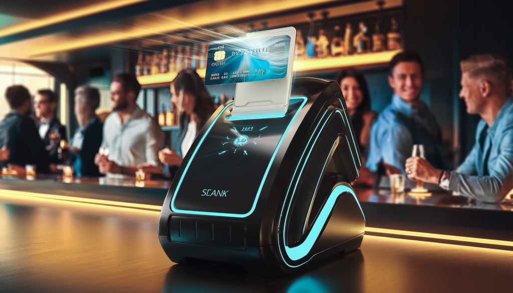 A modern bar scene with a futuristic ID scanner glowing blue as it scans an ID card, surrounded by patrons in a vibrant atmosphere.