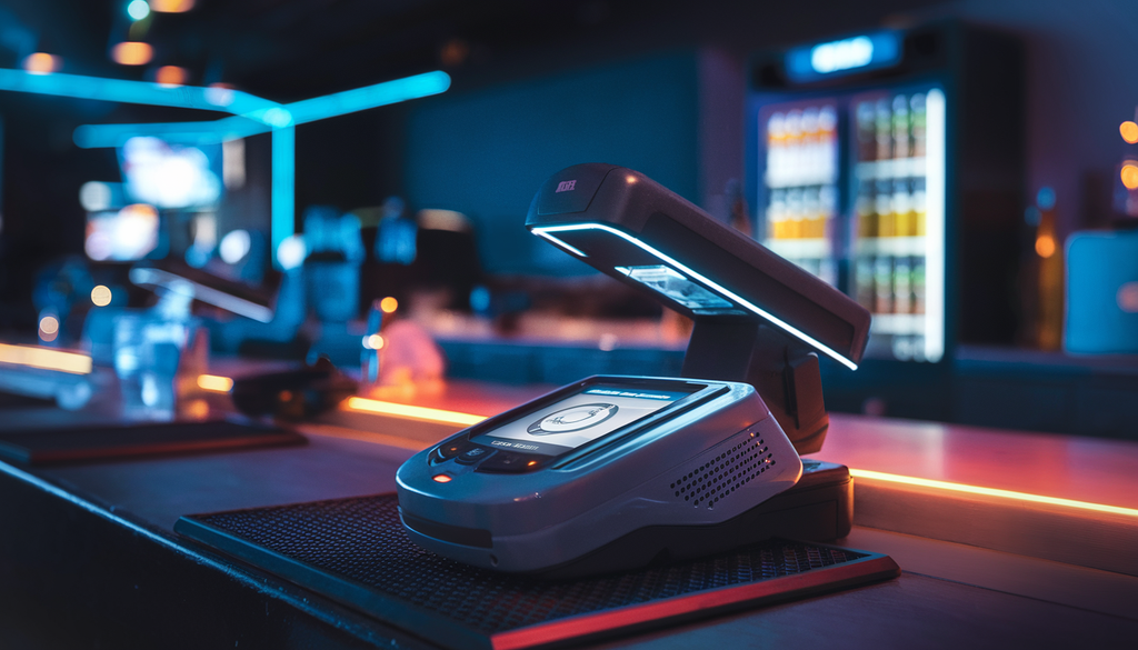 Modern bar scene with an ID scanner in use, ambient lighting, and a hint of a gaming room and beer cooler in the background.