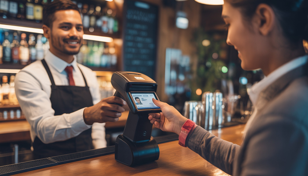 Bartender using Minor Decliner's ID Scanner on a customer's ID at a bar, demonstrating product effectiveness.