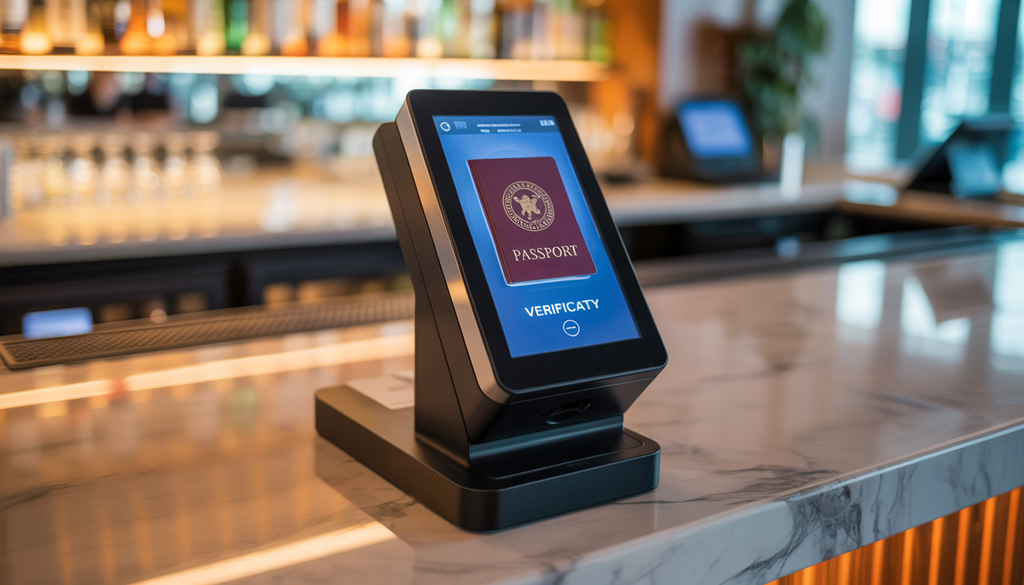 A passport scanning device verifying a passport at a modern bar, highlighting security and efficiency.