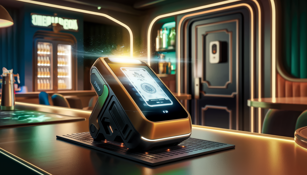 A modern bar scene featuring a futuristic ID scanner glowing softly as it scans a state-issued ID, with a hint of a gaming room entrance and a well-lit beer cooler in the background.