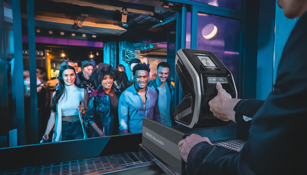 A bouncer uses a sleek, futuristic ID scanner to verify IDs of stylish young adults entering a modern nightclub with deep blue and purple lighting.