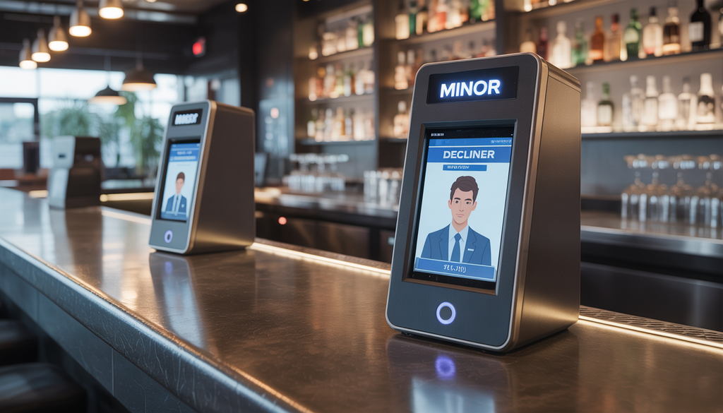 A digital illustration of a bar entrance with a Minor Decliner ID scanning device in use, highlighting security and compliance in a modern bar setting.