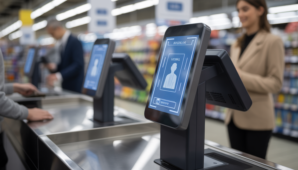 Futuristic ID scanner at a self-checkout kiosk with a holographic display for age verification.