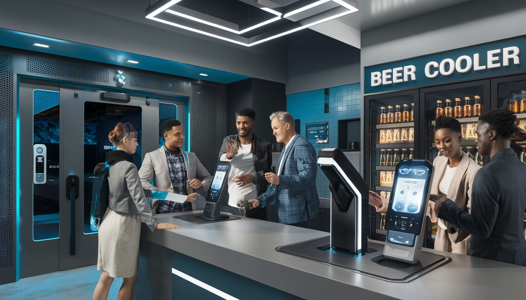 A modern convenience store interior featuring advanced technology with a futuristic ID scanner in use at the counter and a diverse group of customers interacting with it.