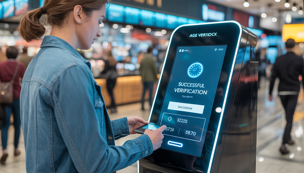 A customer using a modern automated kiosk in a busy retail environment for age verification, with a digital interface showing successful verification.