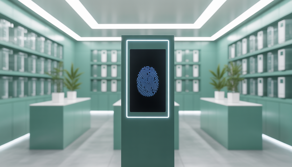 A high-tech cannabis dispensary entrance with a biometric access control system, emphasizing security.