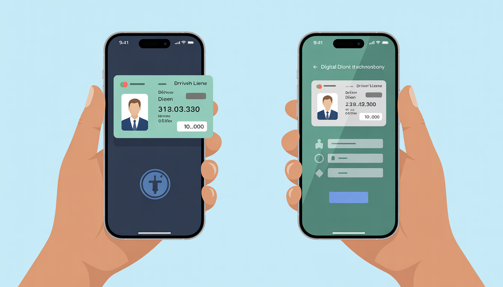 Comparison of a traditional driver's license with a digital ID on a smartphone.