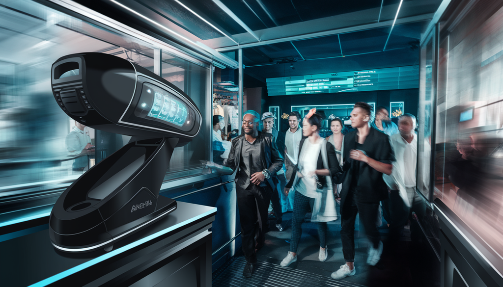 A modern nightclub entrance with a futuristic ID scanner in use, where a diverse group of patrons is being verified, set against a backdrop hinting at convenience stores and other venues.