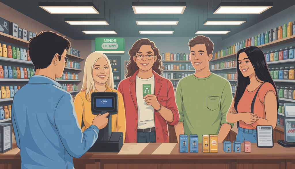 A cashier in a smoke shop using an ID scanner to verify age for a diverse group of young adults, emphasizing friendly compliance.