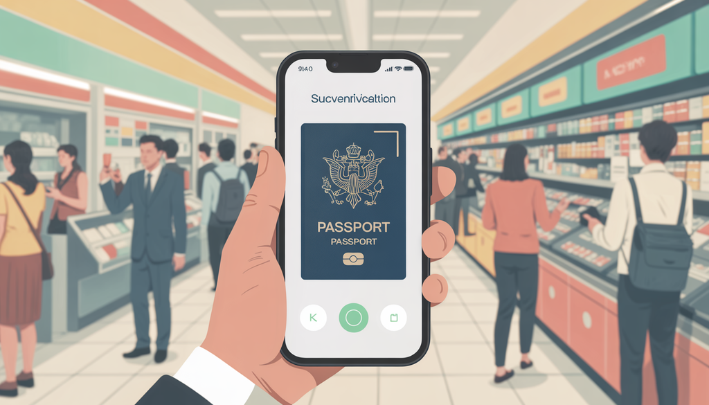 Illustration of a mobile phone scanning a passport with a successful verification message, set in a busy convenience store.