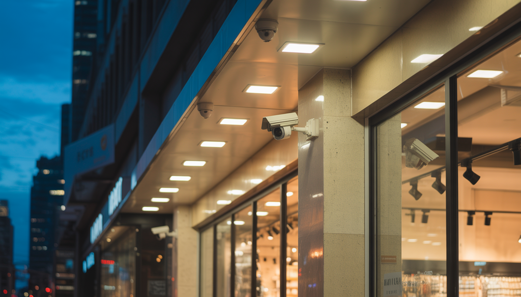 Night-time view of a retail store exterior with bright lights and surveillance cameras, suggesting a secure environment.