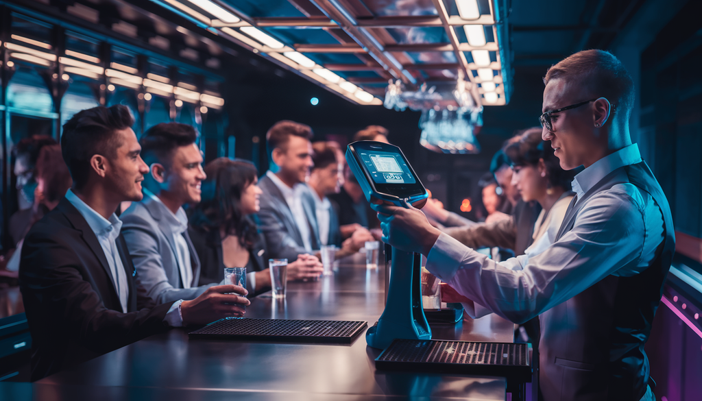 A modern bar scene with diverse patrons and a bartender using biometric technology for age verification.