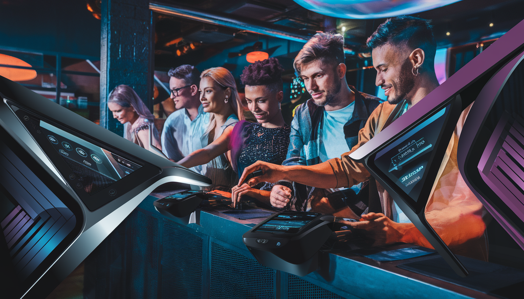 A modern nightclub entrance featuring a sleek ID scanner with stylish young adults interacting with it under vibrant lighting.