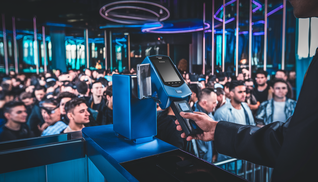 A modern ID scanner in use at a nightclub entrance with a diverse crowd and neon lighting.