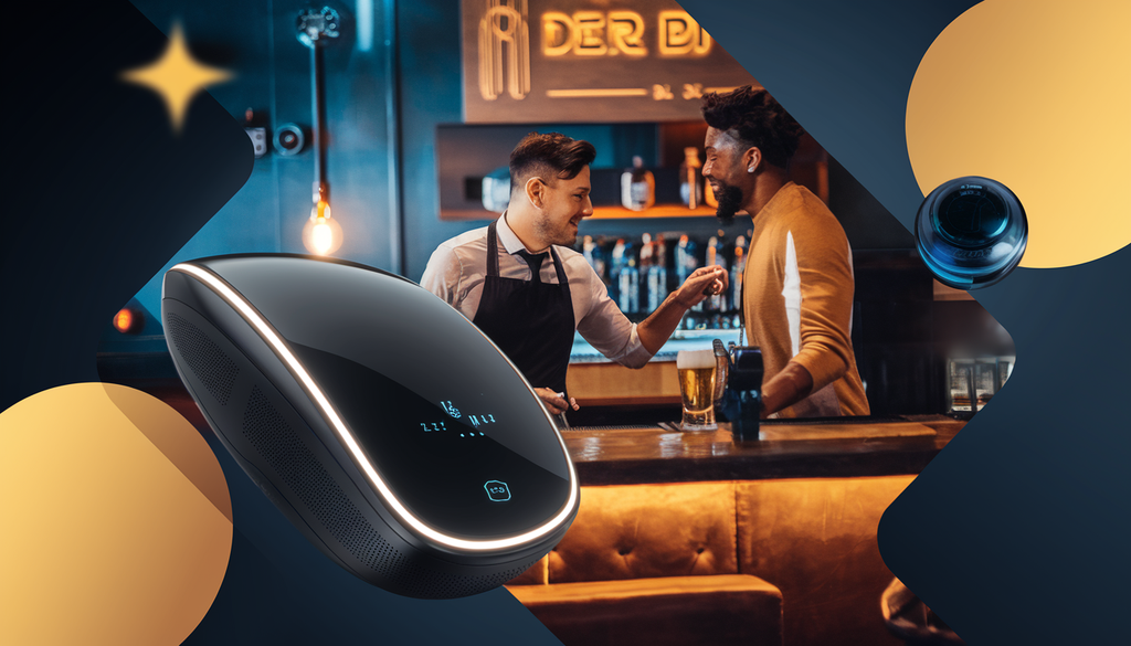 A modern bar scene featuring a sleek, glowing ID scanner in the foreground with a bartender and customer interacting in the background.