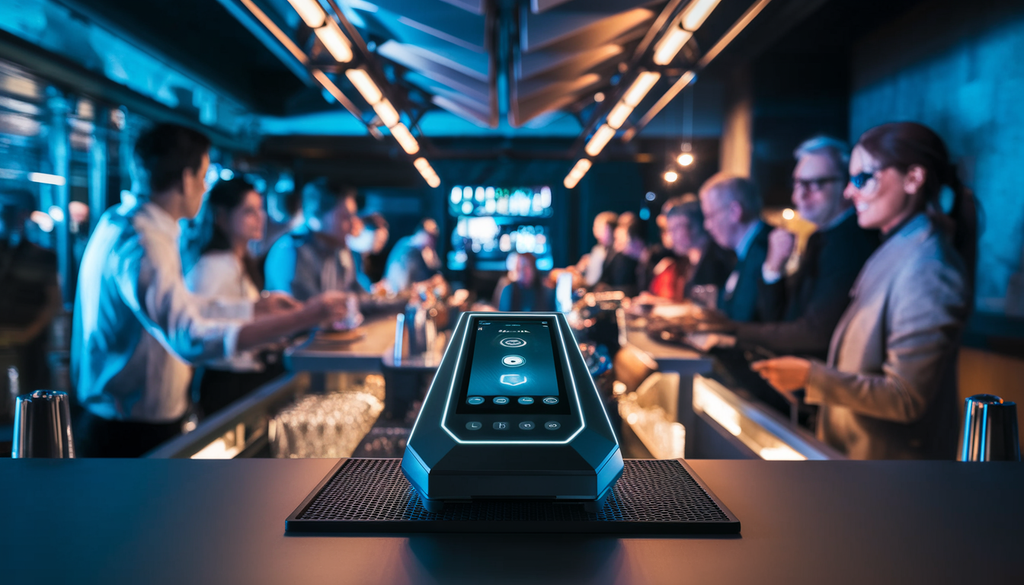 A modern bar setting with a futuristic ID scanner on the counter and patrons enjoying the ambiance.