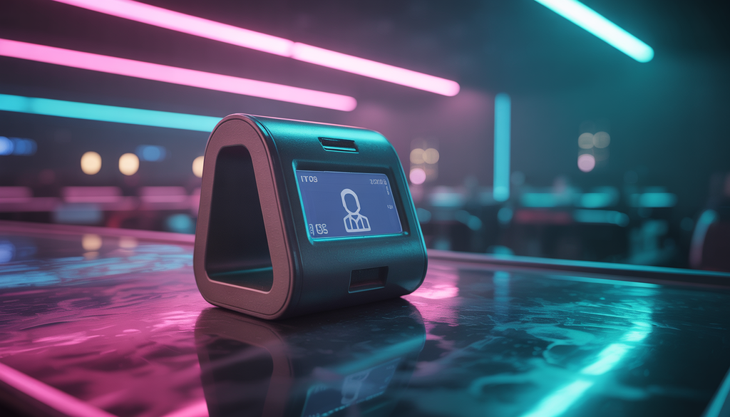 A modern ID scanner in a nightclub with neon lights, showcasing advanced technology for security.