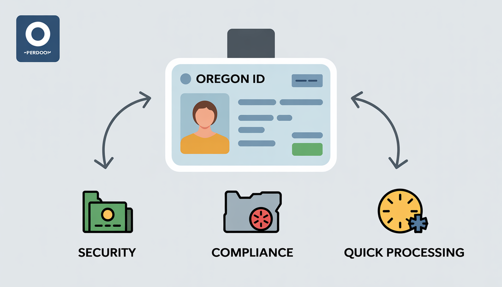 An infographic showing icons representing security, compliance, and quick processing benefits of Real Oregon ID usage.