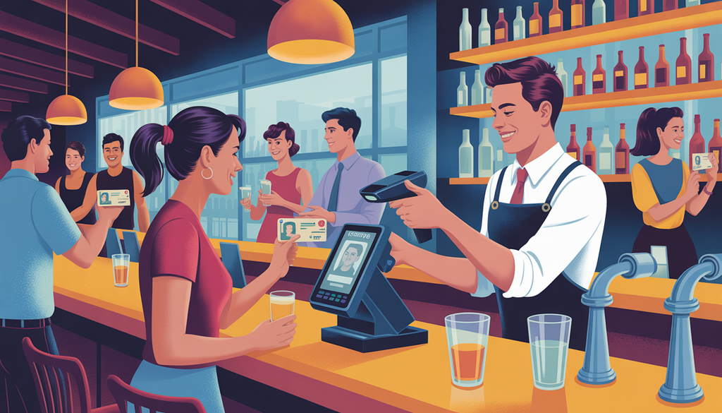 Bartender using a digital ID scanner in a busy bar to verify a customer's age.