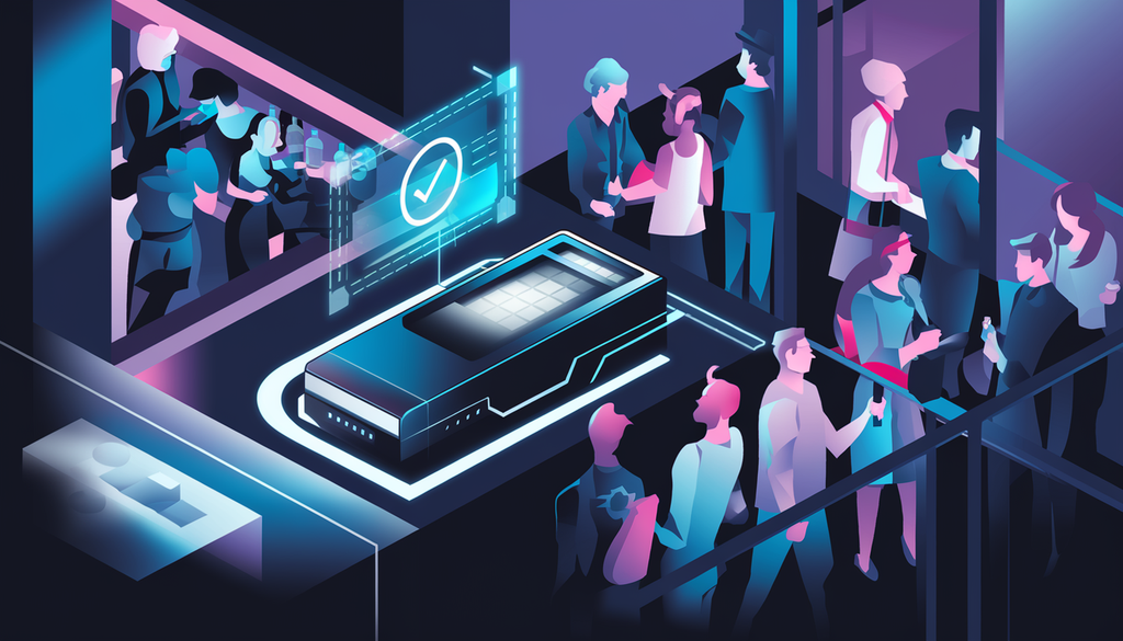 A vibrant nightclub entrance featuring a sleek, high-tech ID scanner in use, with diverse patrons and a holographic display indicating successful age verification amid a nightlife setting of deep blues and neon accents.
