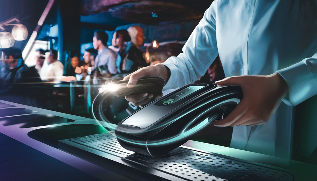 A modern bar scene with a high-tech ID scanner in use by a staff member at the entrance, surrounded by patrons enjoying a lively atmosphere.