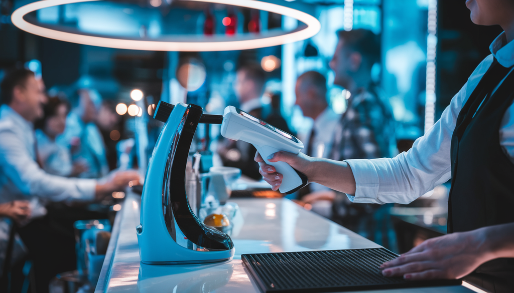 A bartender uses a high-tech ID scanner to verify a patron's age at a modern bar entrance, with ambient lighting and patrons in the background.