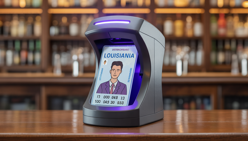 Illustration of a Louisiana ID card being scanned by an ID scanner in a bar setting, highlighting age verification.