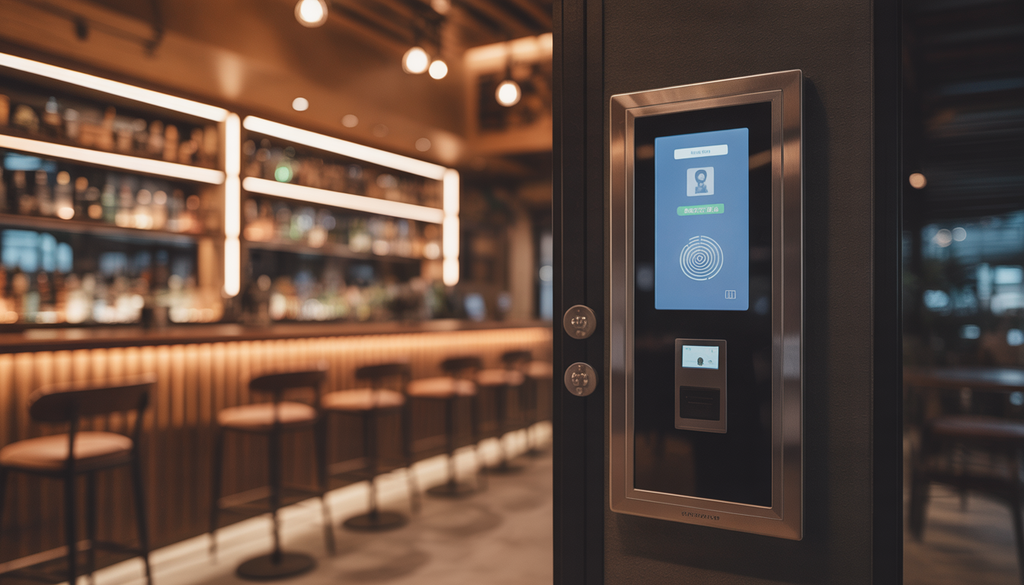 A bar entrance with a digital door access control system, including an ID scanner and biometric panel, in a modern setting.