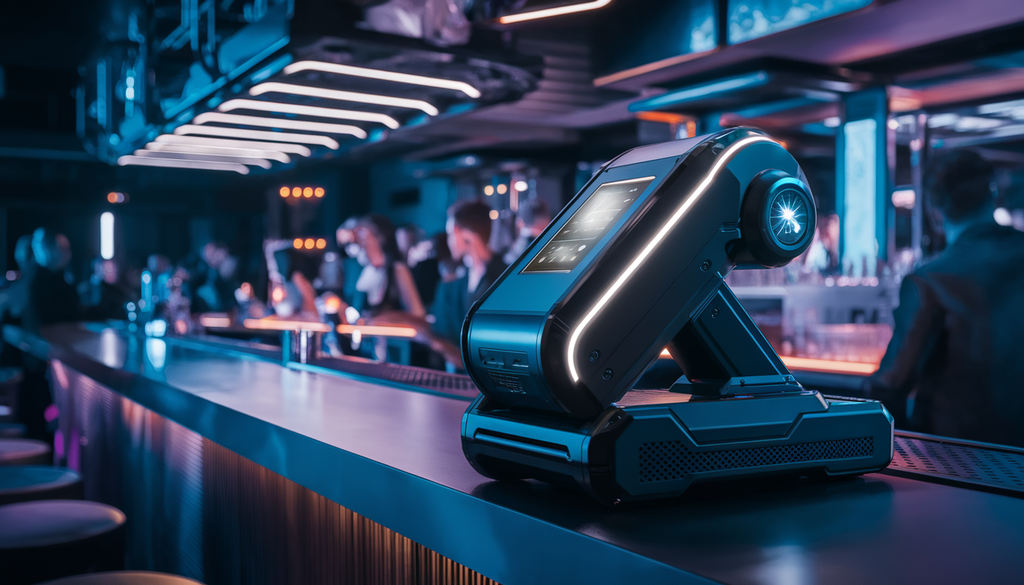 Modern bar setting with a high-tech ID scanner glowing on the counter, surrounded by a diverse group of patrons in a dimly lit, nightclub ambiance.